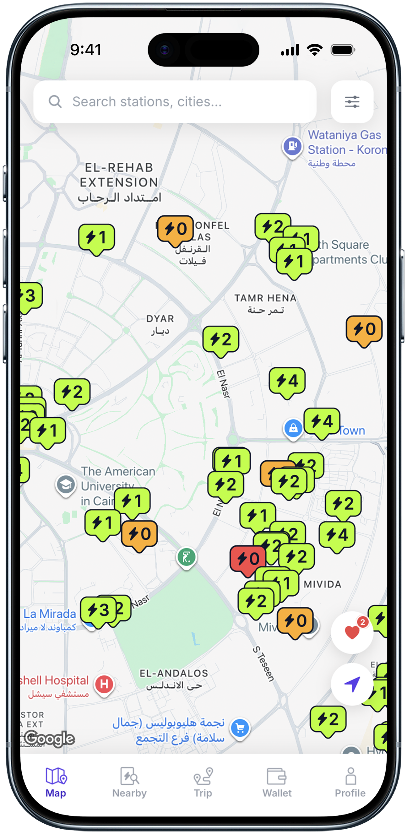 charg'd live map showing charging stations across Cairo